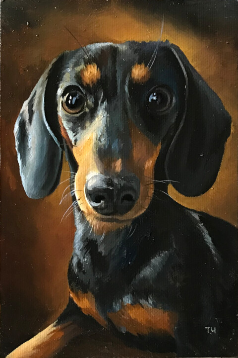 Miniature "Dachshund" 绘画, 5.9x3.9 in