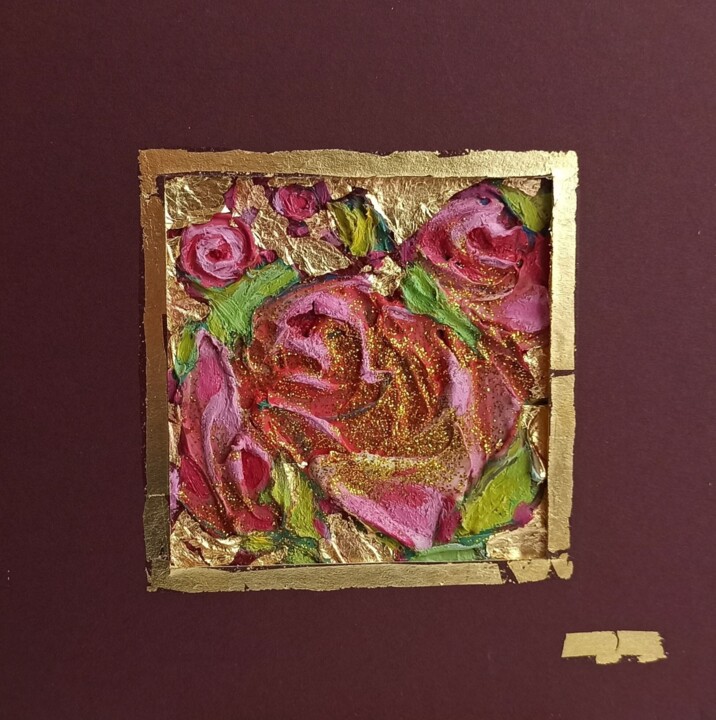 Roses Painting, Flowers Impasto, Roses Artwork 绘画, 5.9x5.9 in