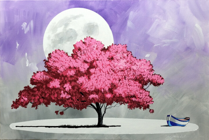 Barca a riposo .Albero rosa Painting, 15.8x23.6 in