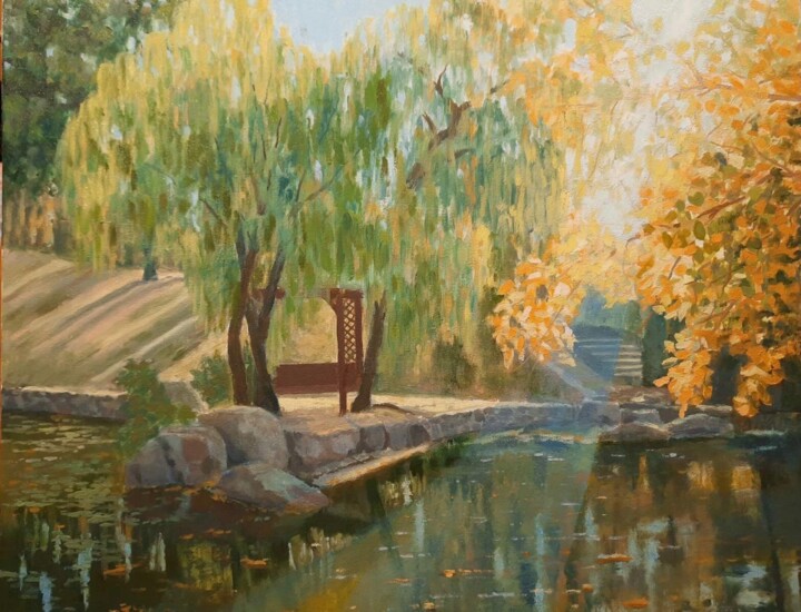 Painting titled "Осеннее утро." by Iurii Tsarinnii, Original Artwork, Oil Mounted on Wood Stretcher frame