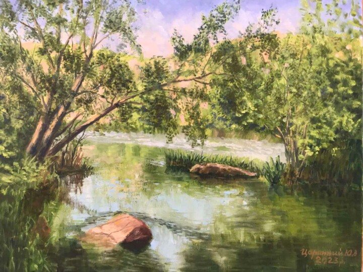 Painting titled ""Южный Буг"" by Iurii Tsarinnii, Original Artwork, Oil Mounted on Wood Stretcher frame