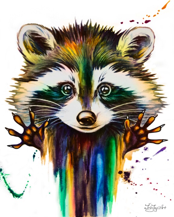 Raccoon warm colors wall art Modern watercolor painting 绘画, 10x8 in