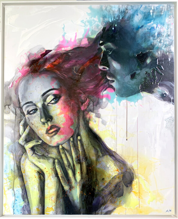 Painting titled "Red in Blue" by Esther Martínez, Original Artwork, Acrylic