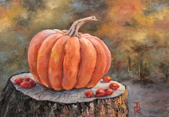 Shining Pumpkin still life oil painting 绘画, 7.1x9.5 in