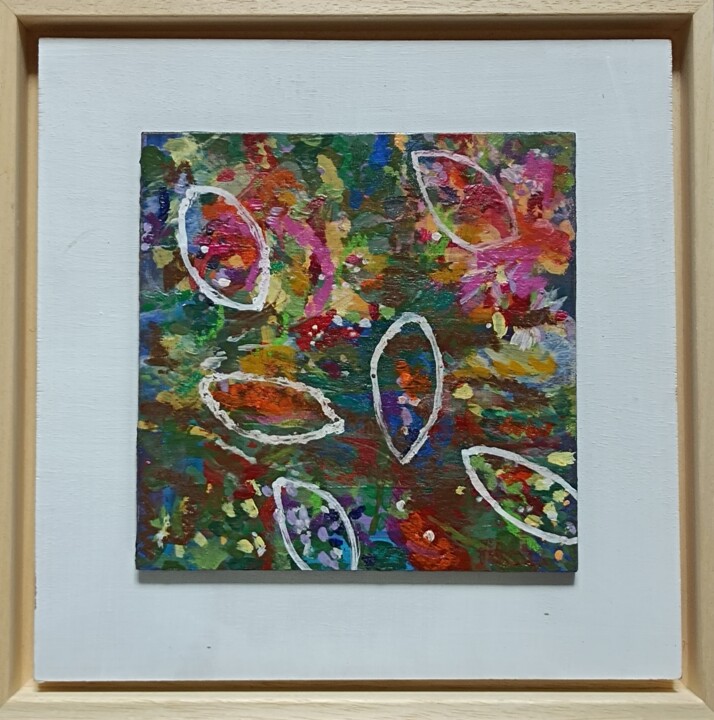 Painting titled "Flower Leaves" by Mieke Van Os, Original Artwork, Acrylic Mounted on Wood Panel