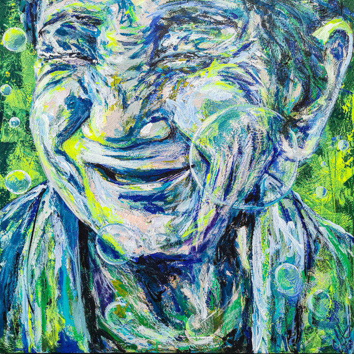 WANG BEIJING Porträt grün blau carographic neon abstrakt 绘画, 39.4x39.4 in