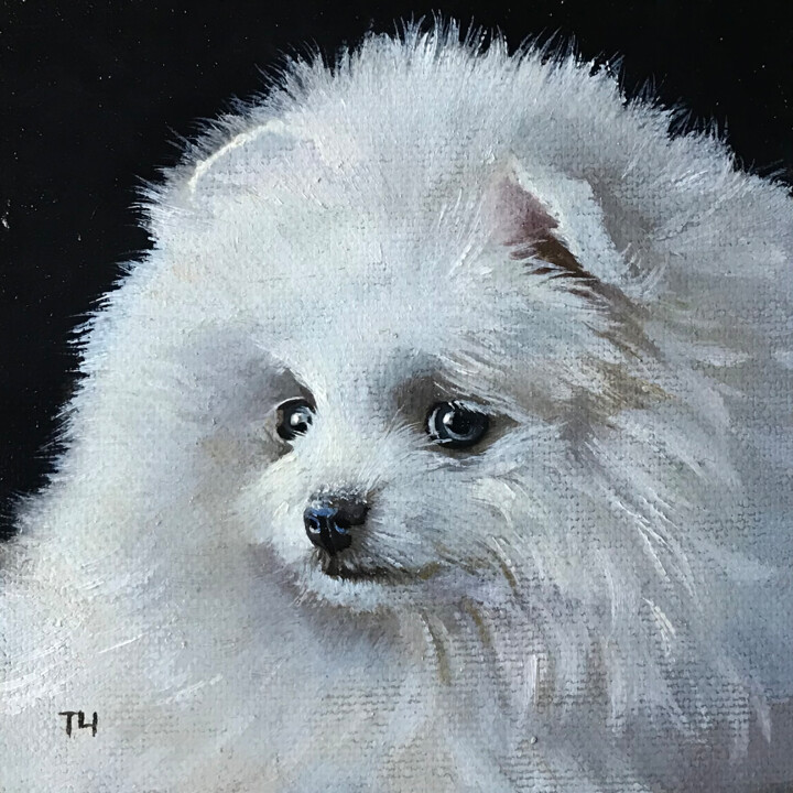 Miniature “White Pomeranian” 绘画, 3.9x3.9 in