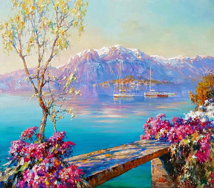 Painting titled "Mountains on the se…" by Lara Vald, Original Artwork, Oil Mounted on Wood Stretcher frame