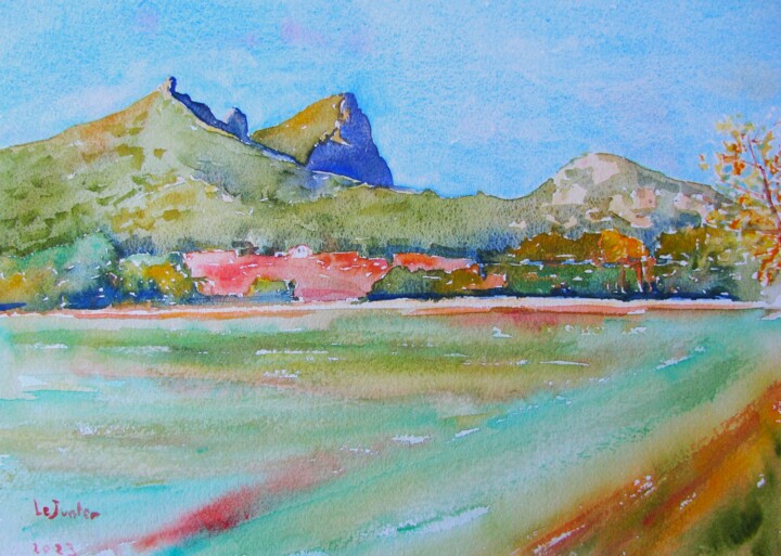 Peinture intitulée "Le Pic Saint-Loup à…" par Jean-Noël Le Junter, Œuvre d'art originale, Aquarelle Monté sur Panneau de bois