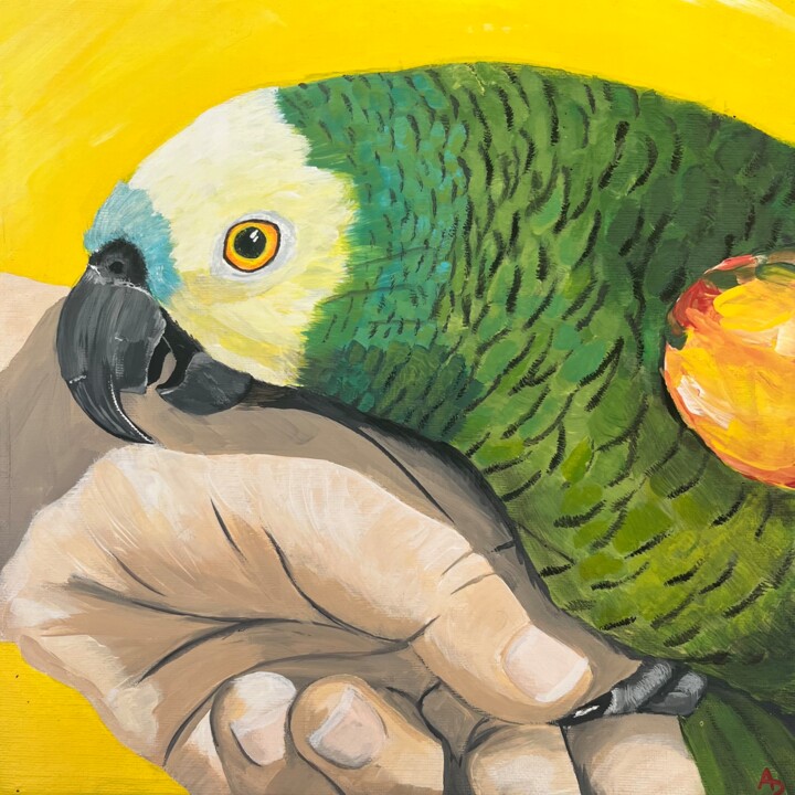 Painting titled "Perroquets IX" by Anna D., Original Artwork, Acrylic Mounted on Cardboard