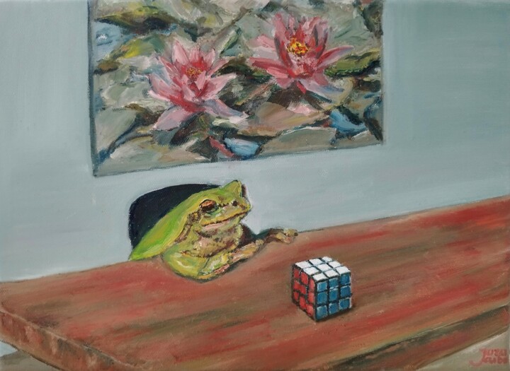 Frog At The Table, animal art 绘画, 9.5x13 in