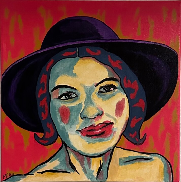 A girl in a hat. 绘画, 11.8x11.8 in