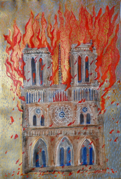Fire in Notre Dame 绘画, 24x18.1 in