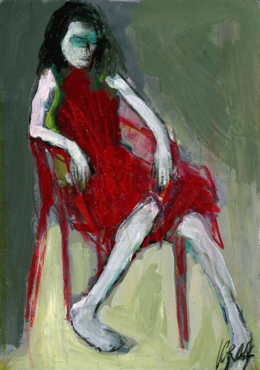 Sitzende auf einem roten Stuhl 绘画, 11.6x8.3 in