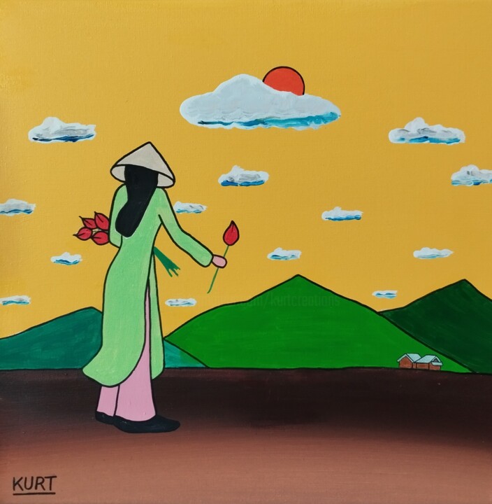 Tableau naif acrylique série Vietnam 绘画, 15.8x15.8 in