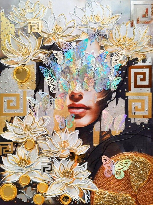 Woman and white lotuses (white lilies) mirror painting 绘画, 31.5x23.6 in