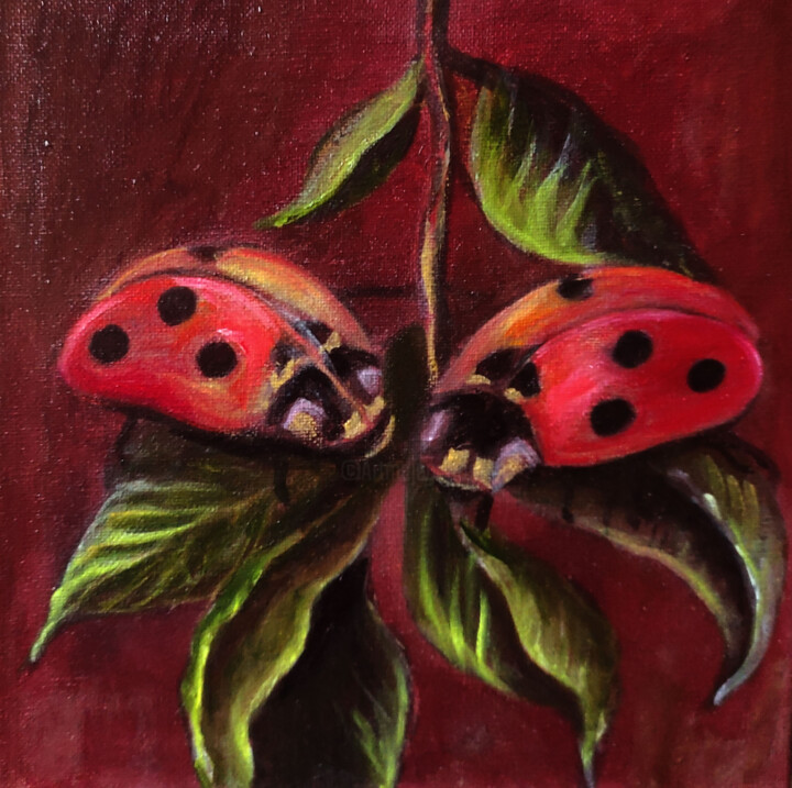 Original Custom Beautiful Red Ladybirds miniature modern gif 绘画, 9.8x9.8 in
