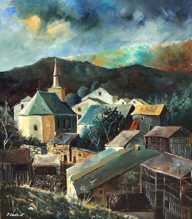 Peinture intitulée "Old village in my c…" par Pol Ledent, Œuvre d'art originale, Huile Monté sur Châssis en bois