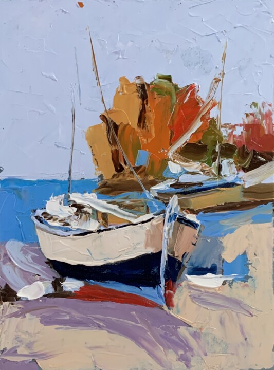Seascape with a sail boat. 绘画, 7.9x5.9 in