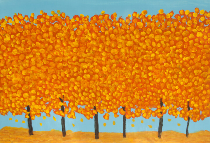 Yellow-orange trees Painting, 17.3x25.2 in