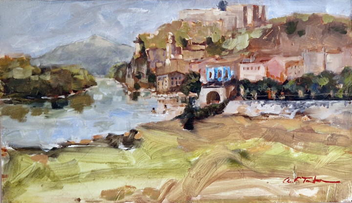 Painting titled "La Platgeta" by Montse Fabra, Original Artwork, Oil Mounted on Wood Panel