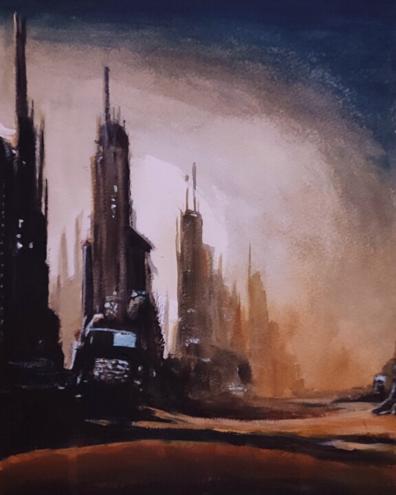 Futuristic desert city 绘画, 13x9.5 in
