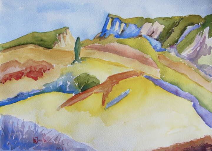 Peinture intitulée "L'Hortus et le Pic…" par Jean-Noël Le Junter, Œuvre d'art originale, Aquarelle Monté sur Panneau de bois
