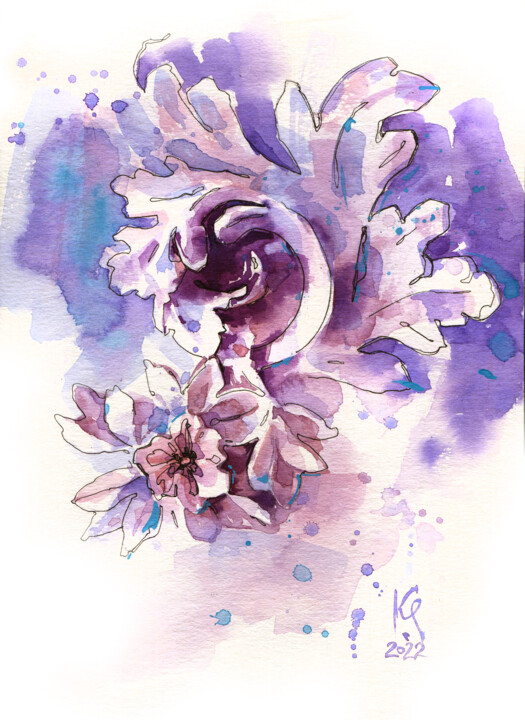 Sculpture flower and curls, watercolor sketch purple violet 绘画, 11.4x8.3 in