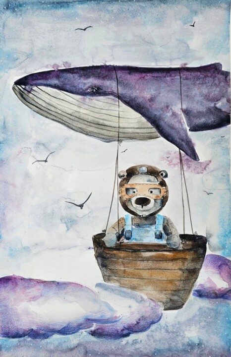 Teddy Bear in The Airbaloon 绘画, 22.1x15 in