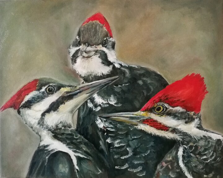 Family Portrait of Woodpecks, bird art 绘画, 15.8x19.7 in