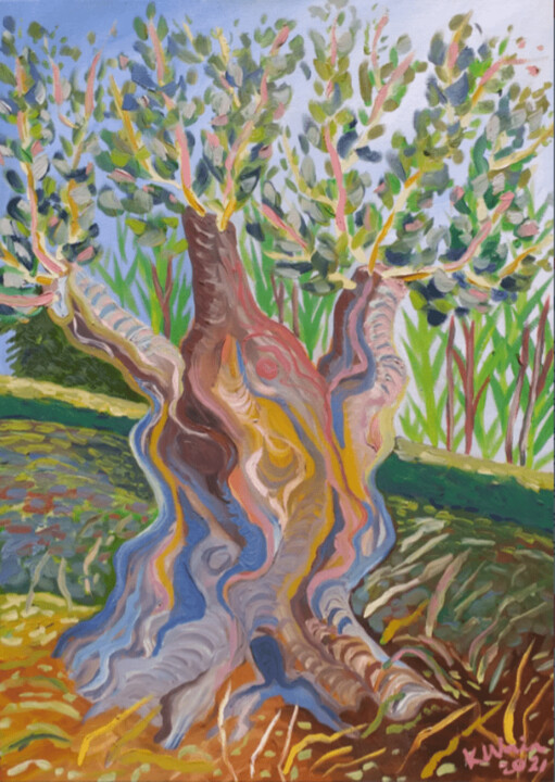 Pintura intitulada "OLIVE TREE AT BAHIA…" por Kirsty Wain, Obras de arte originais, Óleo Montado em Armação em madeira