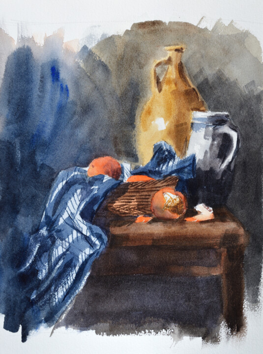 Nature morte à la jarre et aux oranges 绘画, 12.2x9.1 in