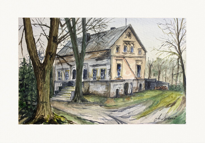 Manor house in Dąbrówka Kościelna Painting, 7.7x11 in