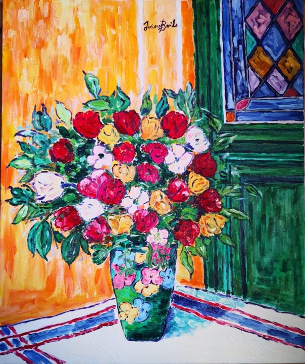 Ζωγραφική με τίτλο ""Vaso con Fiori"" από Luciano Basile, Αυθεντικά έργα τέχνης, Λάδι Τοποθετήθηκε στο Ξύλινο φορείο σκελετό