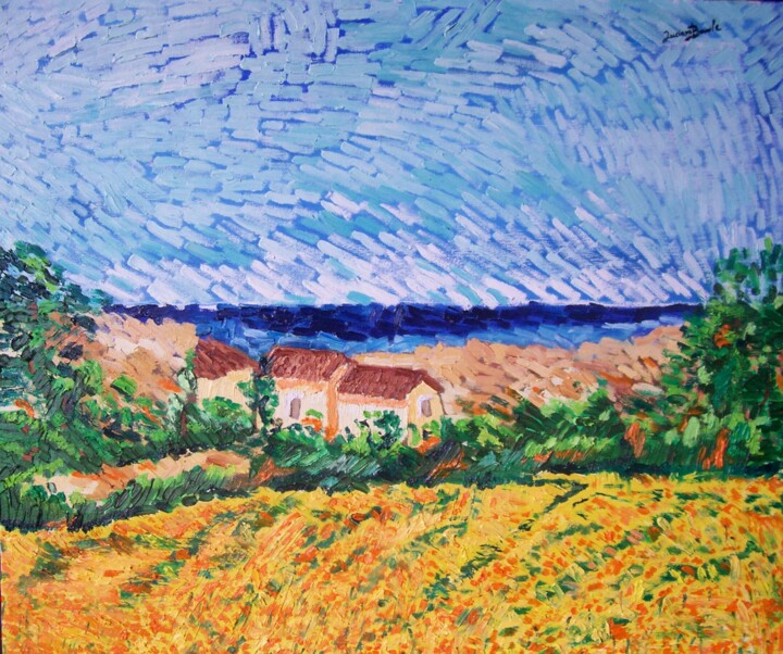 Ζωγραφική με τίτλο "Campo di girasoli" από Luciano Basile, Αυθεντικά έργα τέχνης, Λάδι Τοποθετήθηκε στο Ξύλινο φορείο σκελετό