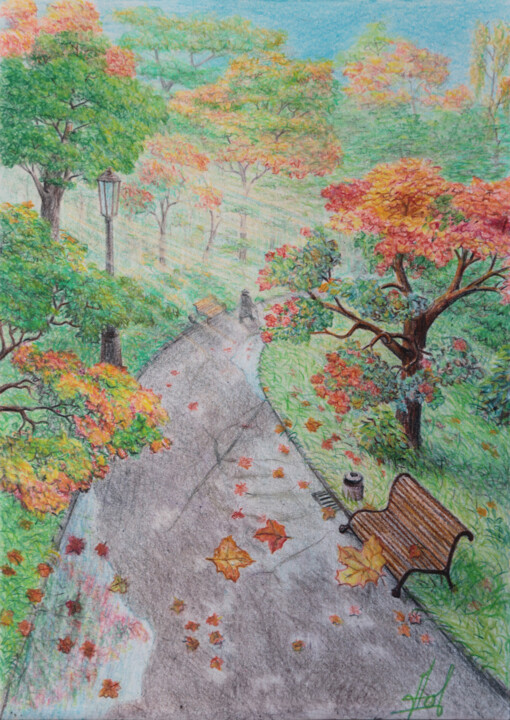 Autumn lives in the park Dessin, 11,6x8,3 in