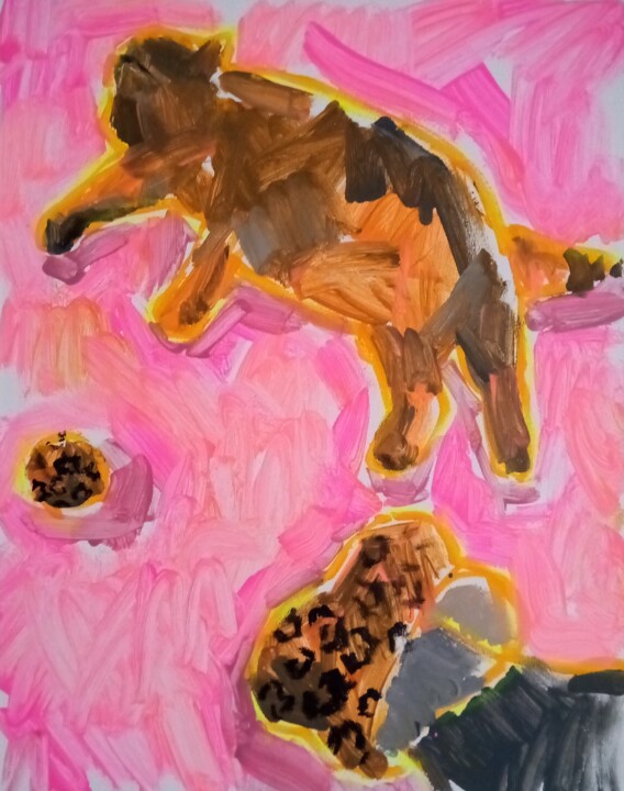 Pittura intitolato "Tiger cat on a pink…" da Valerie Lazareva, Opera d'arte originale, Acrilico