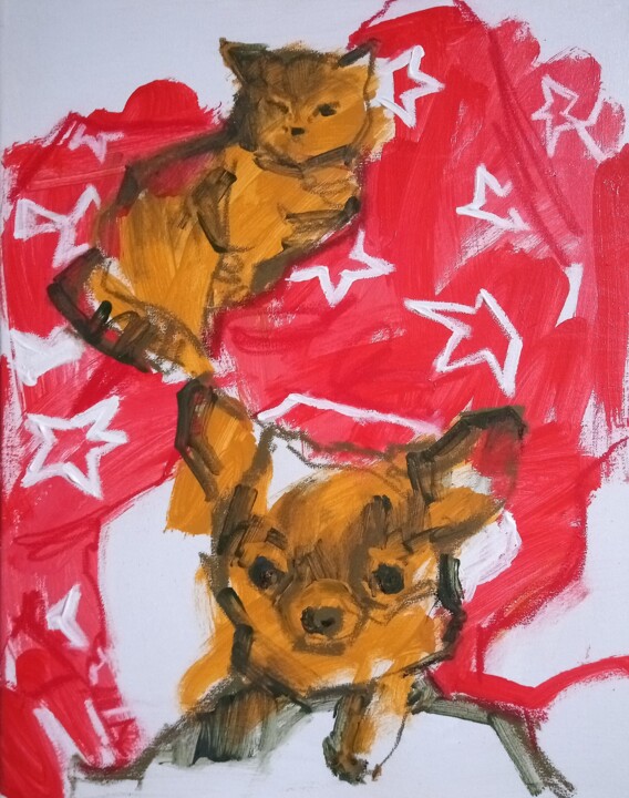 Tiger cat and Chihuahua 绘画, 19.7x15.8 in