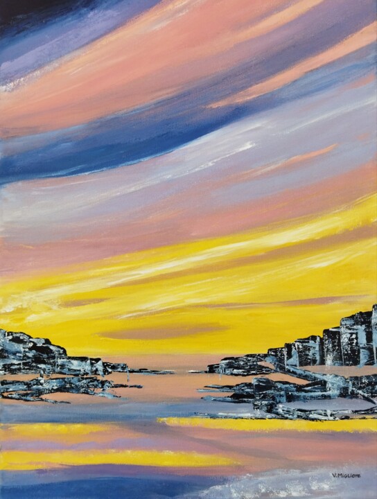 Painting titled "LUMIERE SUR LA BAIE" by Véronique Migliore, Original Artwork, Acrylic Mounted on Wood Stretcher frame