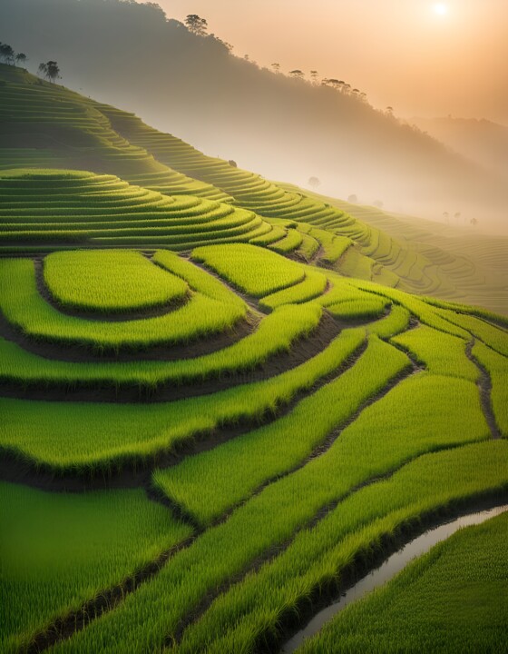 数字艺术 标题为“Paddy Hillscapes in…” 由Mankdhani, 原创艺术品, AI生成的图像