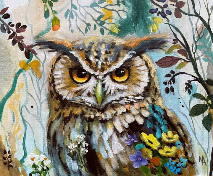 Flower Owl 7 绘画, 10.2x12.2 in