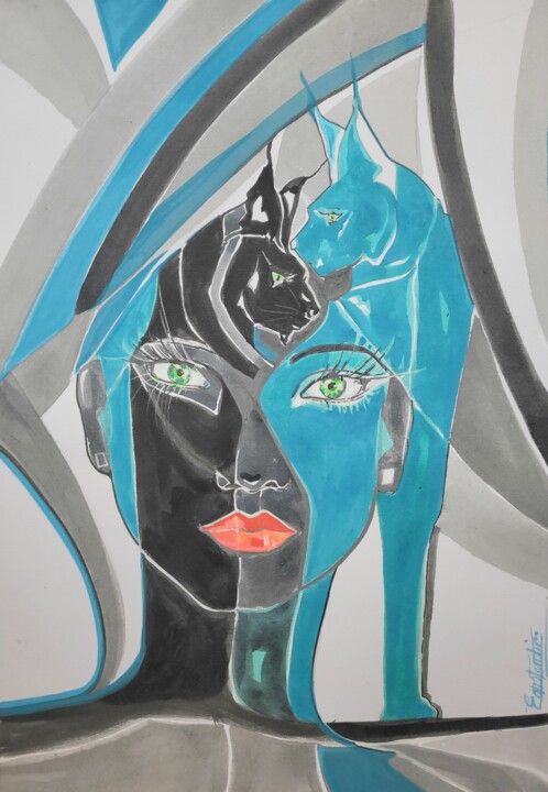 Schilderij getiteld "Les yeux félines" door Elisabeth Constantin, Origineel Kunstwerk, Inkt