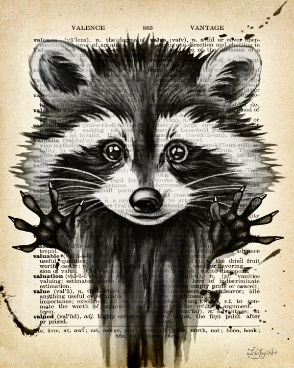Black white raccoon wall art Dictionary book page vintage 绘画, 10x8 in