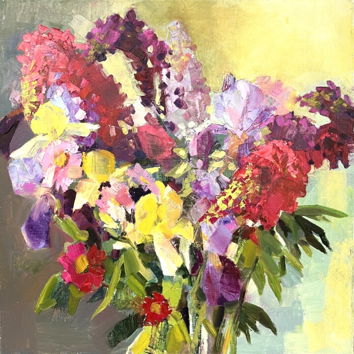 Painting titled "Ирисы и люпин" by Irina Gints, Original Artwork, Oil Mounted on Wood Stretcher frame