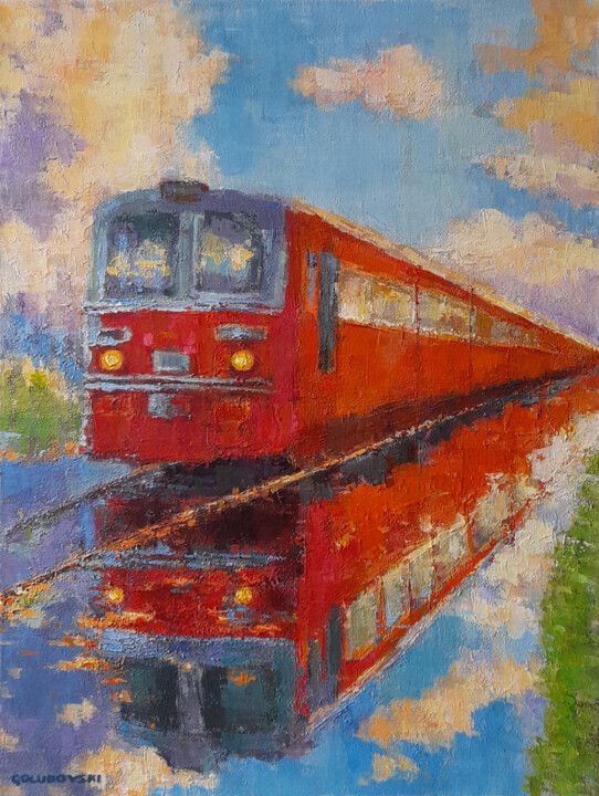 red train after rain 绘画, 24x18.1 in