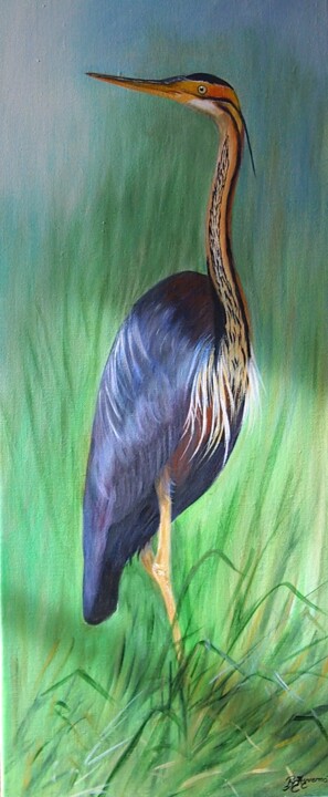 Héron pourpré- acrylique sur toile originale signée 绘画, 27.6x11.8 in