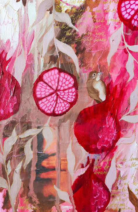 Oil painting collage abstract Song in Pomegranates 绘画, 11.8x7.9 in