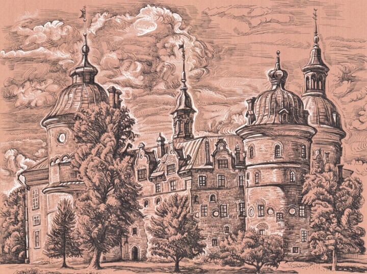 Gripsholm Castle in Mariefred, Sweden Drawing, 13.7x18 in