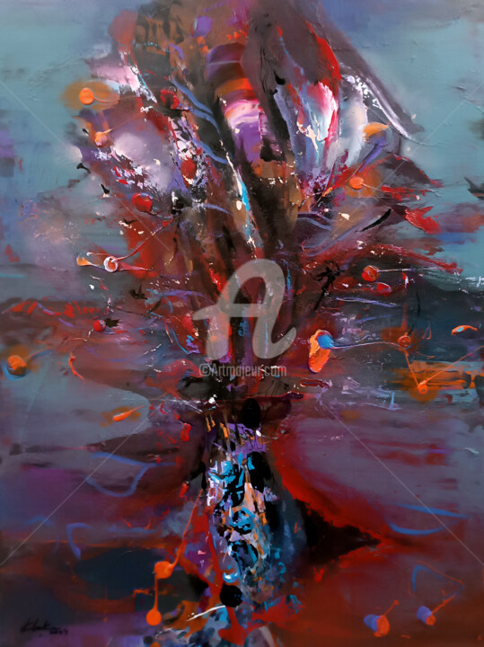 Beautiful velvet reds and purple abstract still life contemp 绘画, 31.5x23.6 in