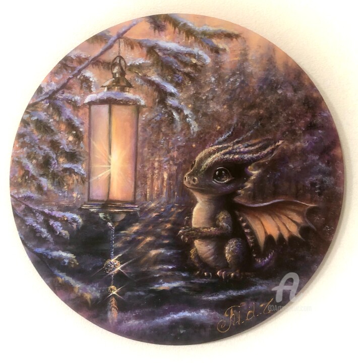 "Bébé dragon la forêt magique" 绘画, 15x15 in